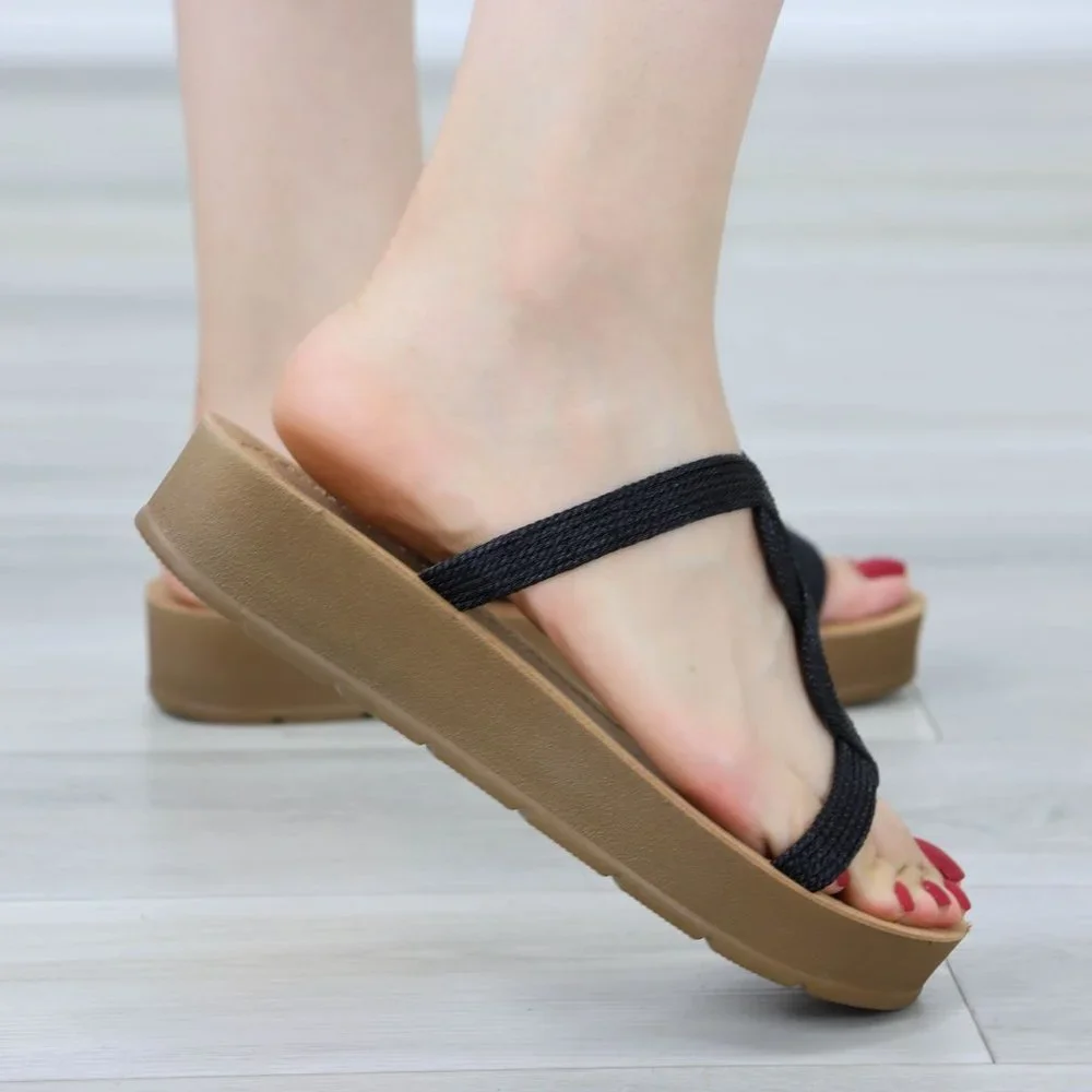 Black Women's T-Strap Gladiator Comfort Sandal Slip On Sliders Fabric Straps - Picture 11 of 11